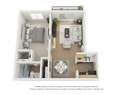 A 3D floor plan of a small apartment with a kitchen, living room, and bedroom.